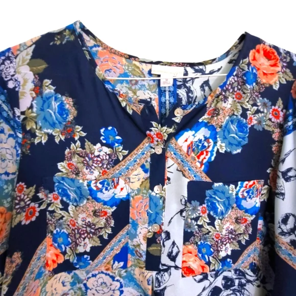 Westport Artsy Floral Patchwork 3/4 Sleeve Semi Sheer Long Tunic Blouse, M - Picture 7 of 11